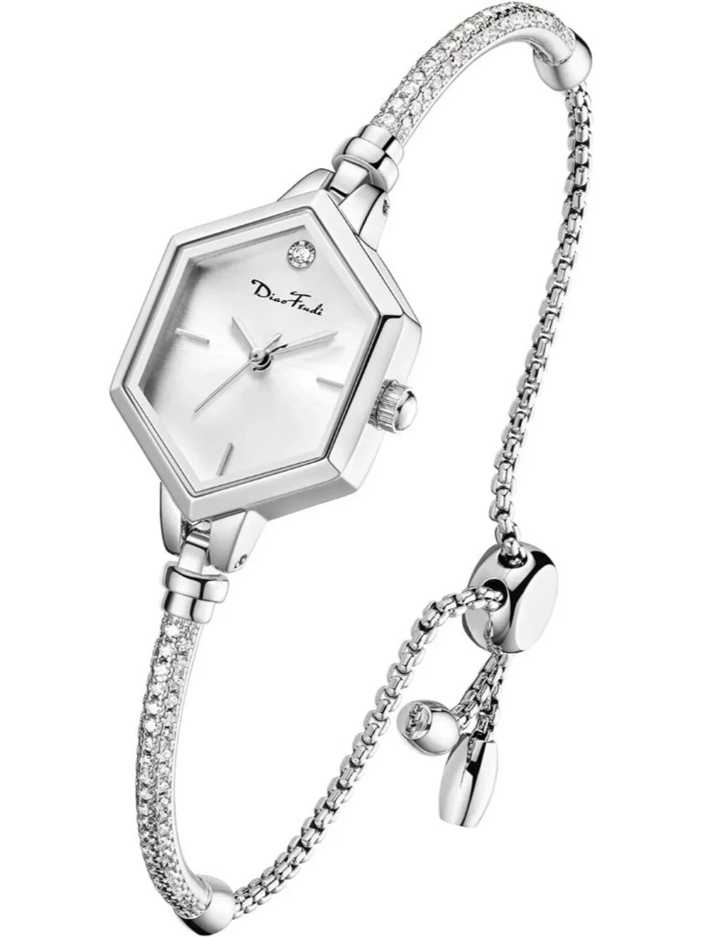 Women's Steel Shell - White Diamond Dress Analog Hexagonal Mini Bracelet Watch